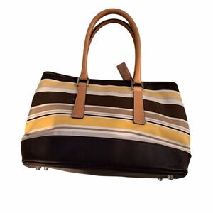 Coach Striped Tote Bag Brown Tan Yellow Leather Trim Signature Canvas Handbag